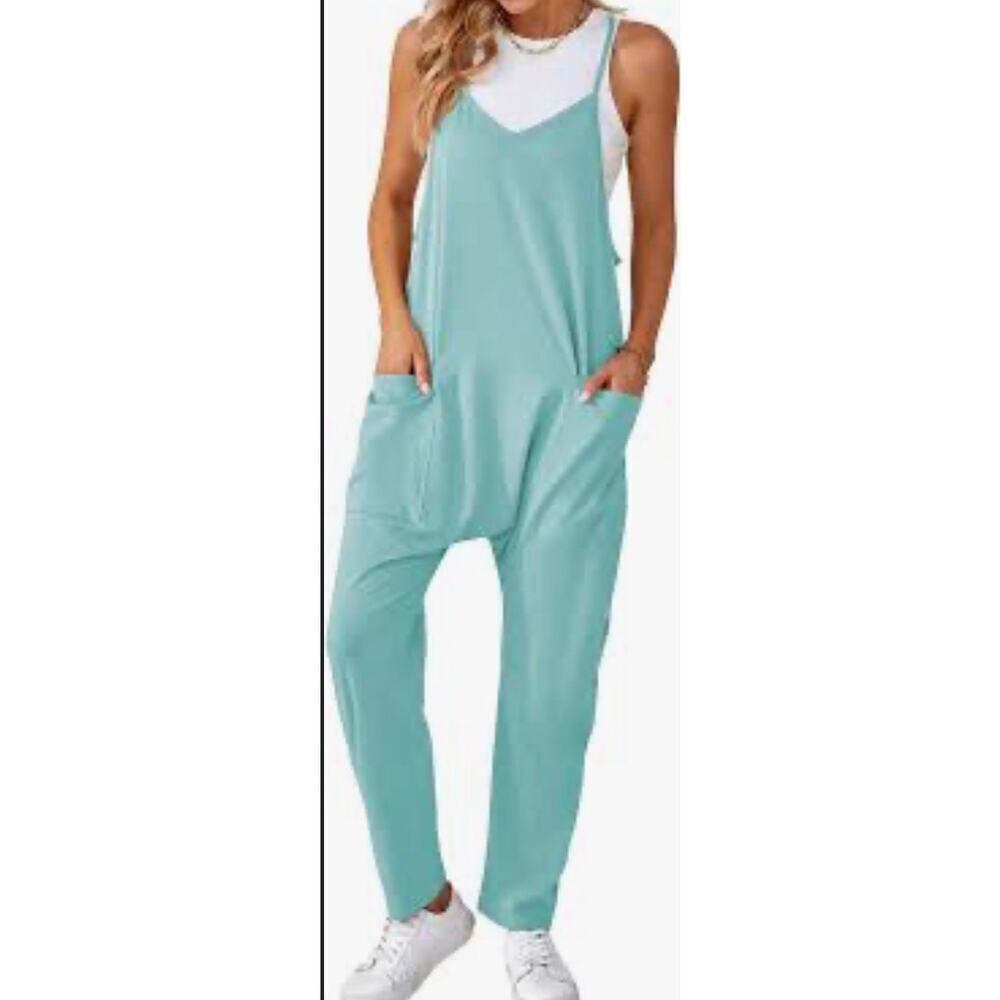 Womens Light Blue Adjustable Strap Jumpsuit With Pockets
